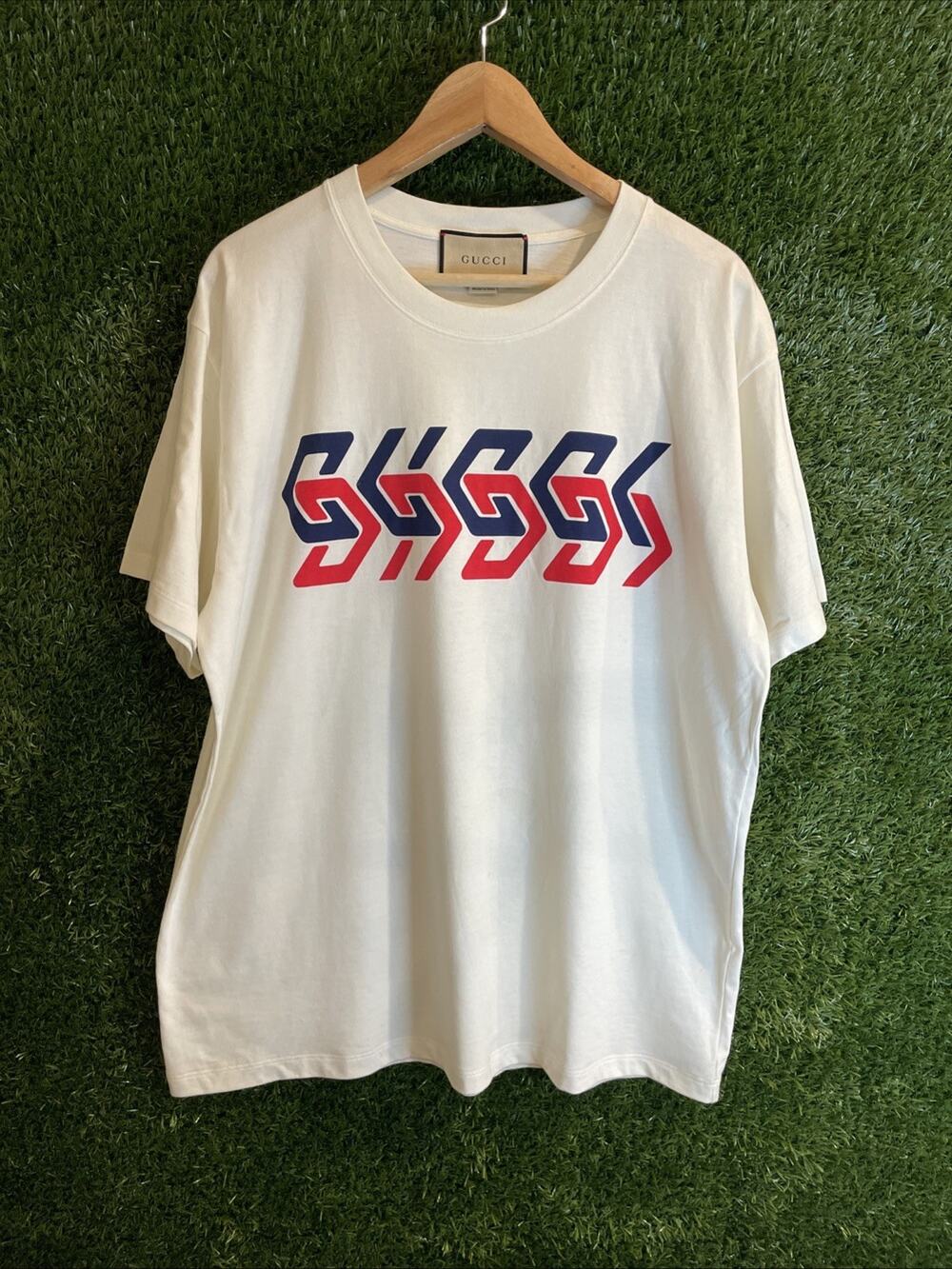 Gucci Cotton Jersey Mirror Logo Print T-Shirt Ivory Size S Authentic